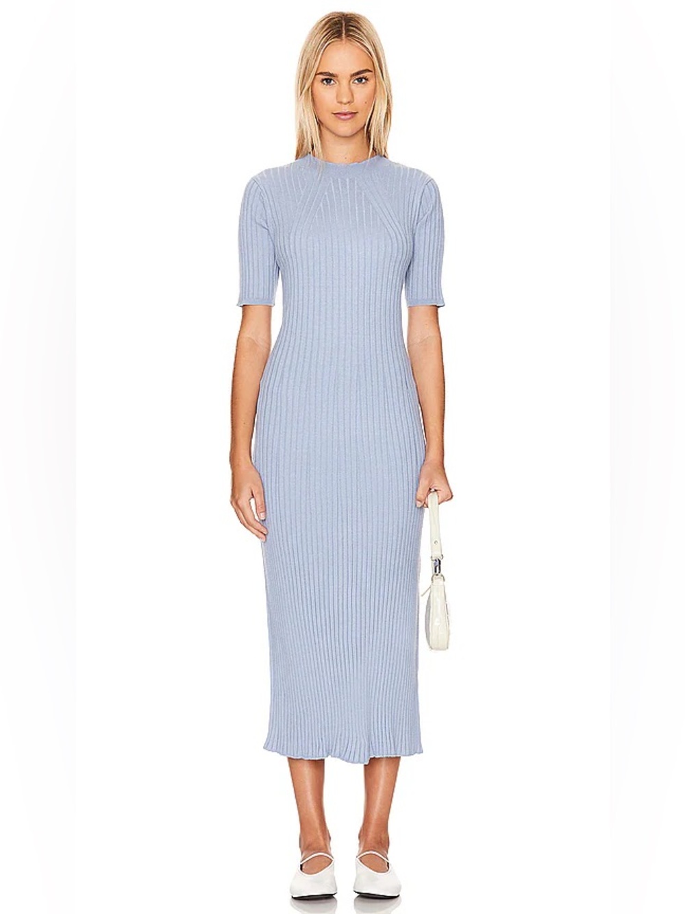 Varley Maeve Rib Knit Midi Dress Medium Ashley Blue Short Sleeve $158